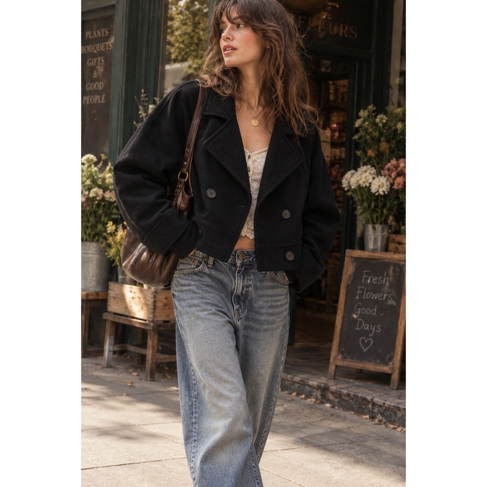 Free People Black Wool Blend Cropped Double Breasted Pea Coat Jacket Small